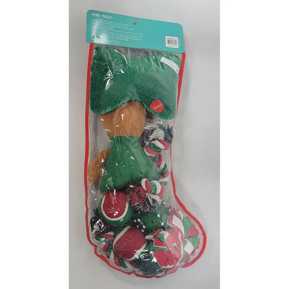 Merry Medley Christmas Stocking For Small/Medium Dogs 8 Toys Squeaks Balls Tugs
